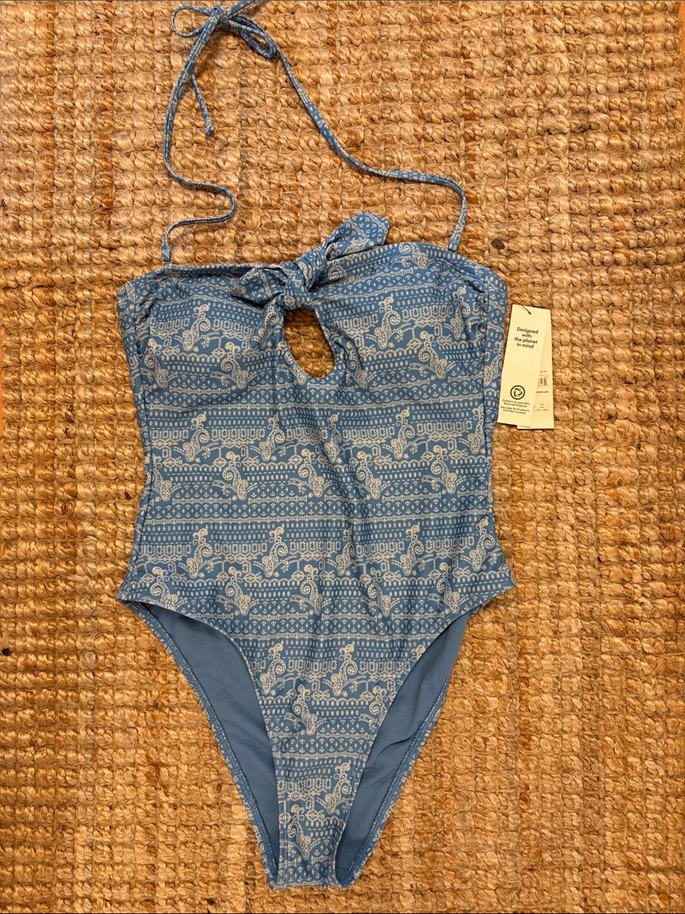 Blue Patterned One-Piece Swimsuit with Tie